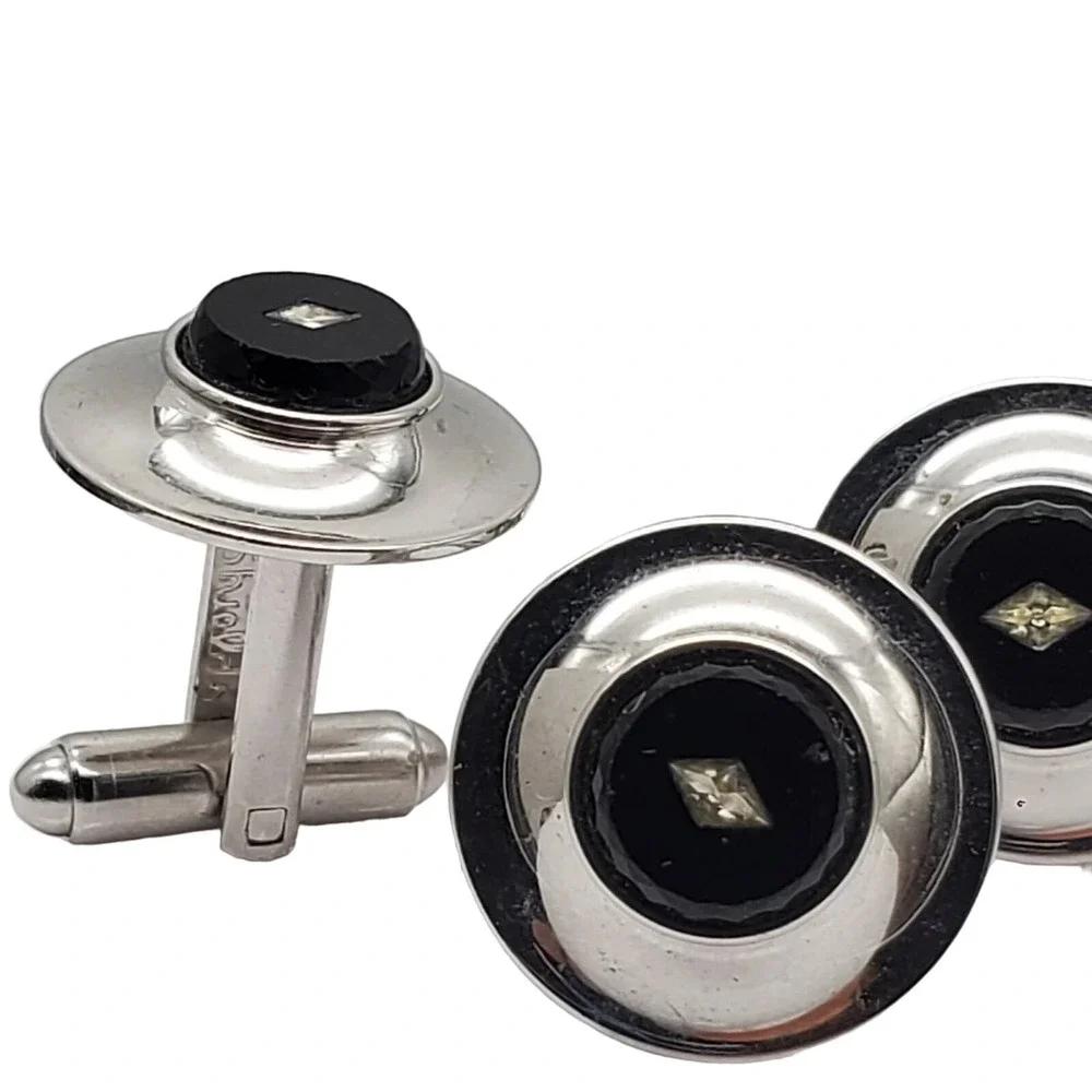 Black Onyx Crystal Cufflinks Silver Tone Shields 5th Avenue Suit Accessory Set 2